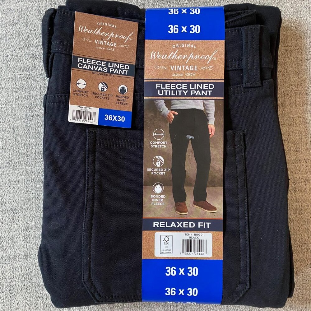 NEW Weatherproof Vintage Men's Relaxed Fit Fleece Lined Canvas Pant, Black 36x30